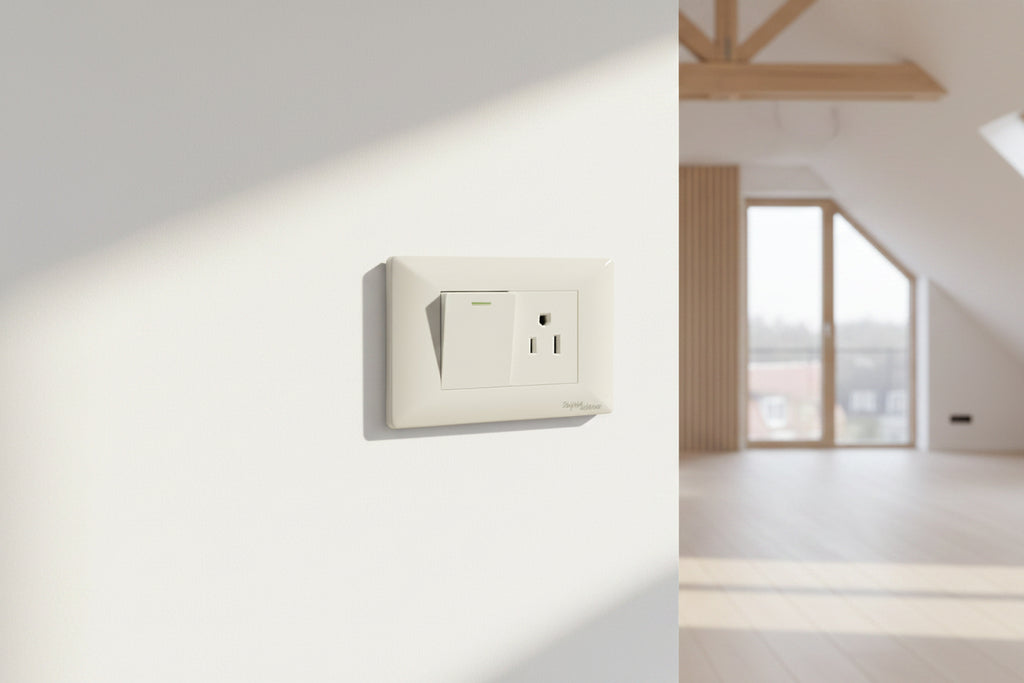 PLACA  CON  1  INTERRUPTOR  DE  ESCALERA  Y  1  CONTACTO  DE  1.5  MÓDULOS